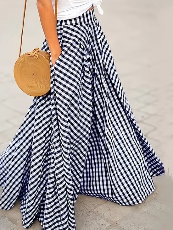 Dresses & Skirts - Navy & White Gingham Maxi Skirt — Flared High-Waist